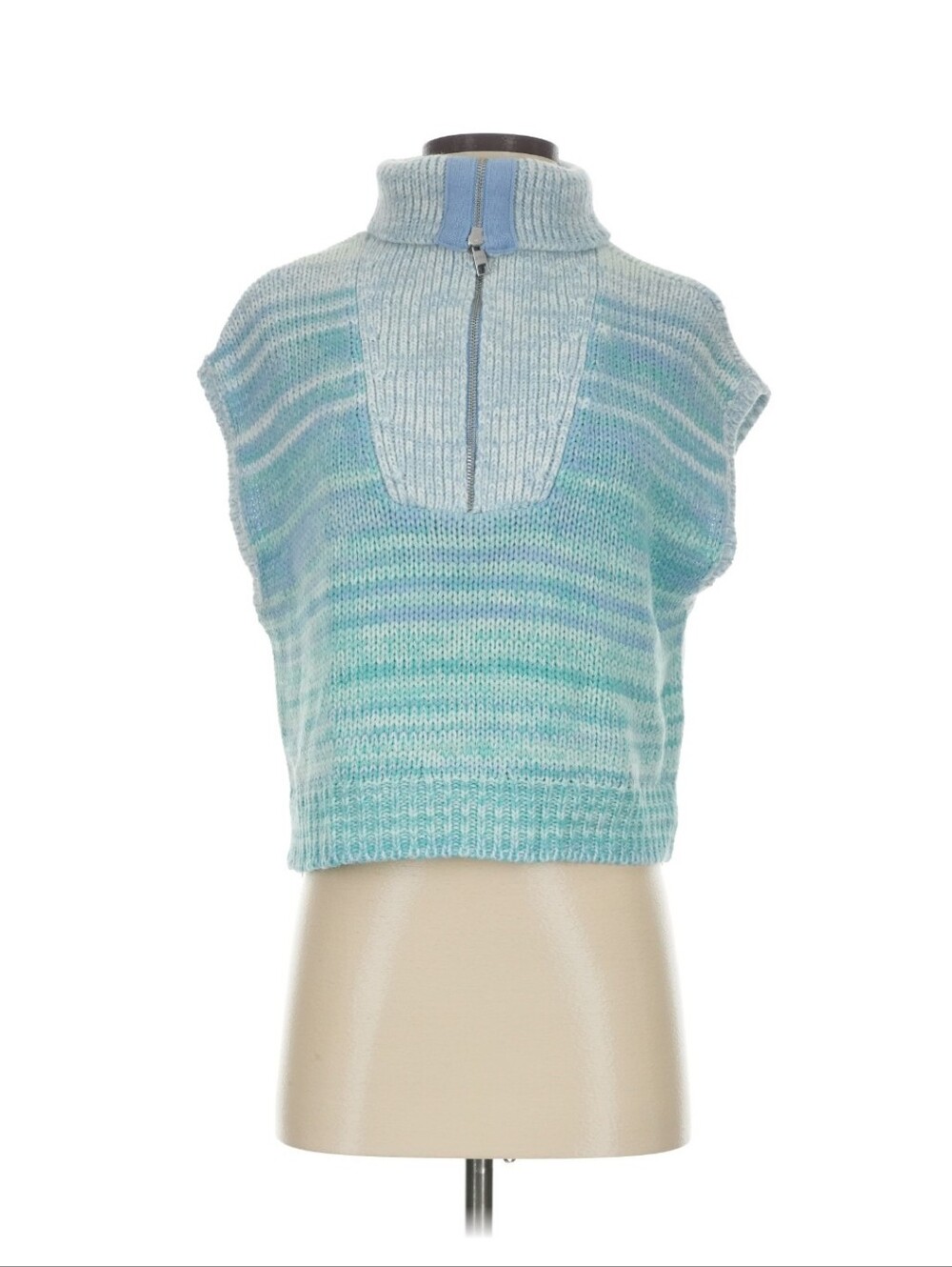 525 America Blue Teal Striped Knit Sleeveless Zip Crop Sweater Vest Size S